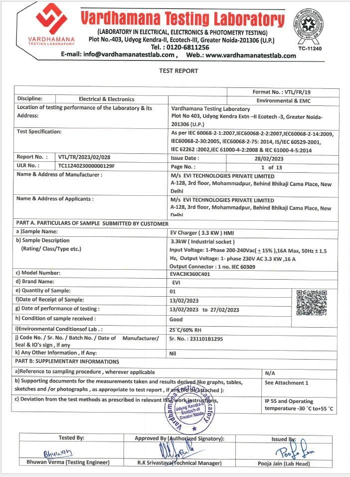NABL test report — 3.3 kW charger, issued by Vardhamana Testing Laboratory (NABL accreditation TC-11240)