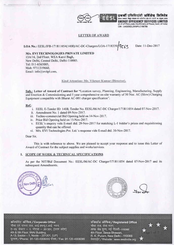 EESL's Letter of Award to EVI Technologies, 11 December 2017